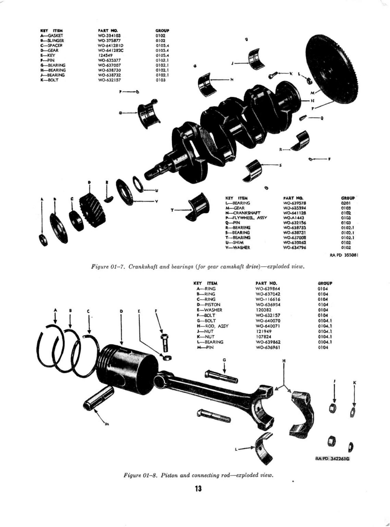 Crankshaft, piston and connecting rod - original drawing ORD 9 G503 with part markings