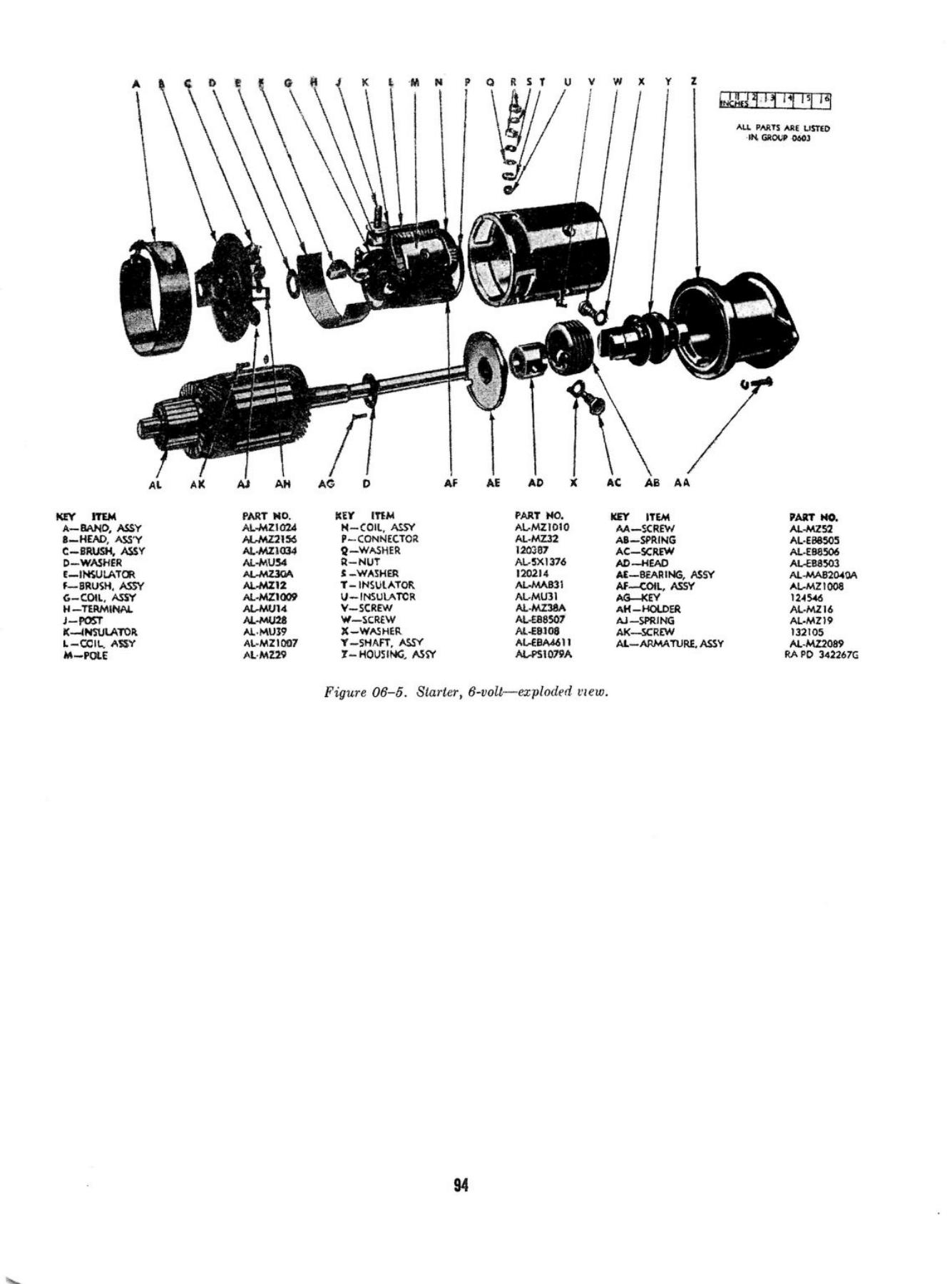 Electric starter 6V - original drawing ORD 9 G503 with part markings