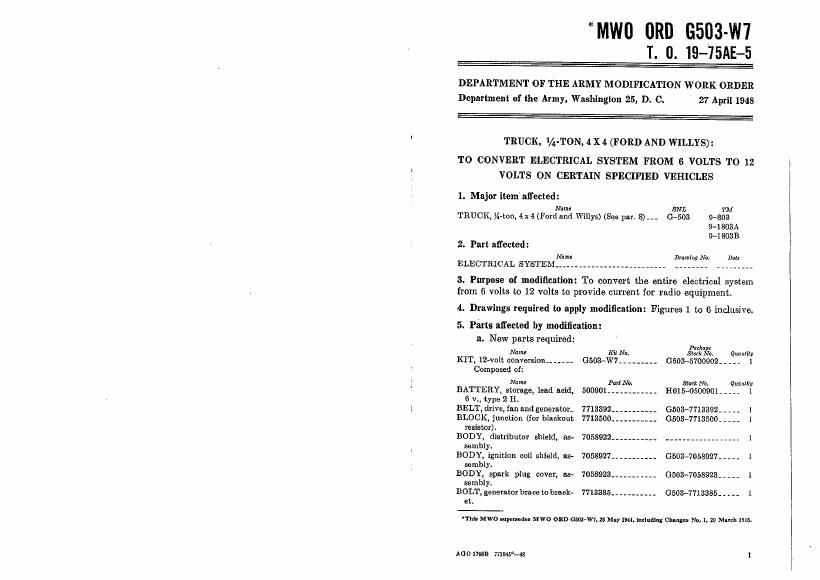 Cover: MWO ORD G503 W7 Convert 6V to 12V 1948 52